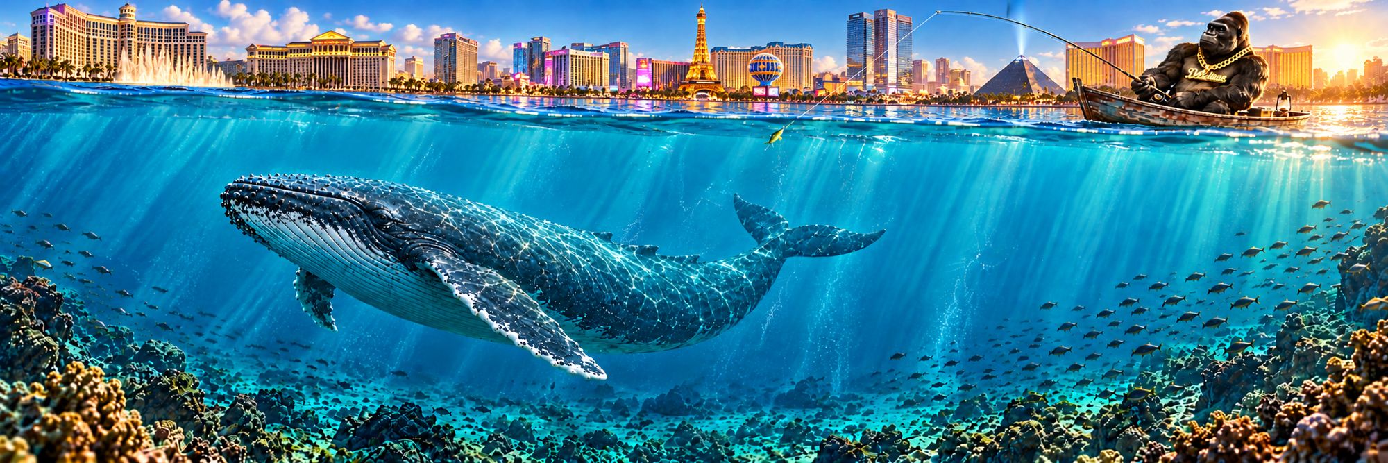 A gorilla wearing a gold Delicious chain fishes from a small boat off the Las Vegas Strip while a huge humpback whale swims toward the hook.
